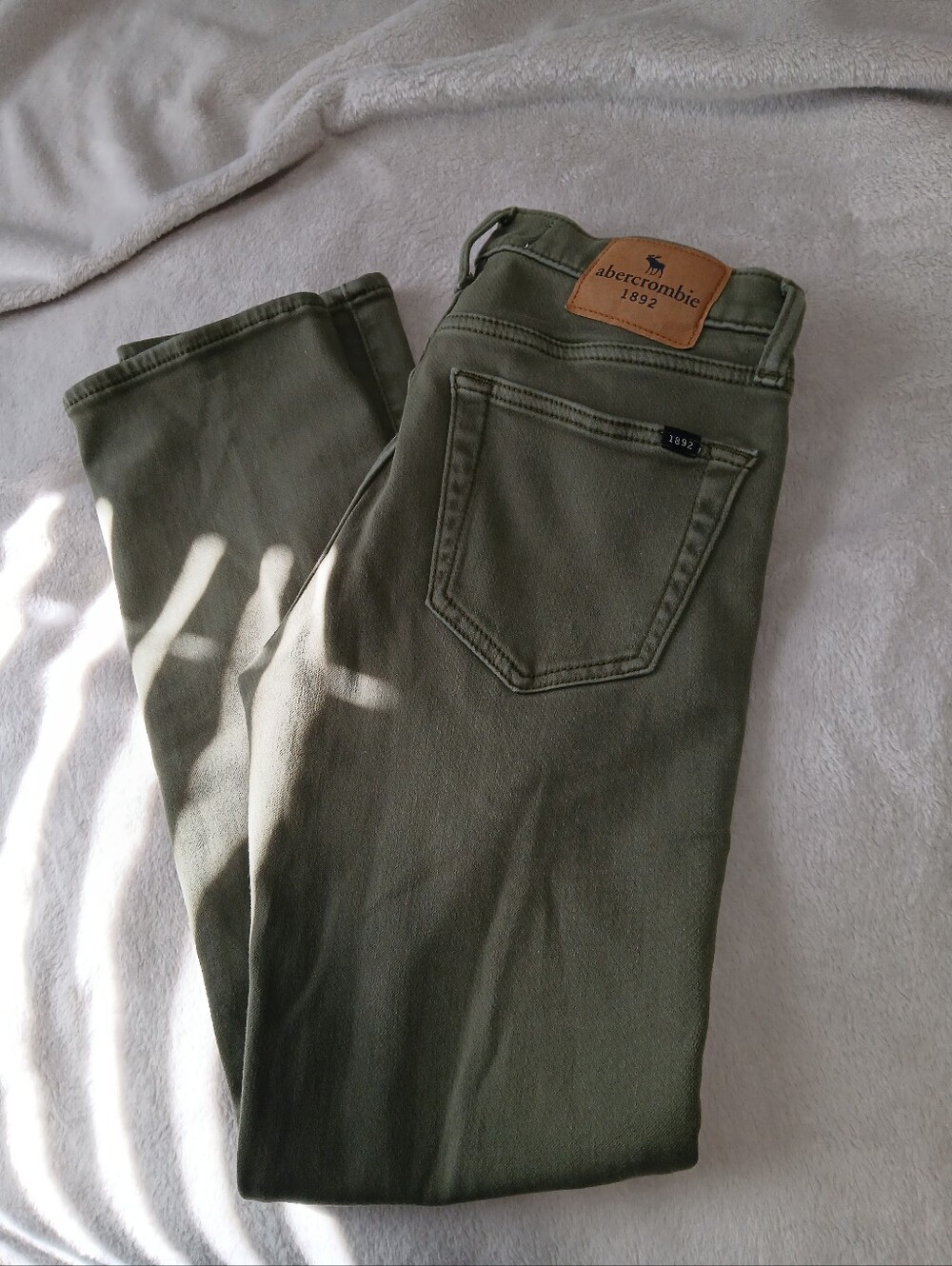Abercrombie Olive Green Denim Jeans with Leather Logo Patch